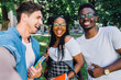 © Iryna - Education, lifestyle, leisure and technology concept. Cheerful african woman student in eyewear with two multiethnic men friends making selfie together in park during relax free time.