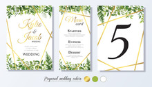 Wedding Invitation With Gold Element, Menu Card, Table Number Floral Design With Green Watercolor Leaves, Foliage Greenery Decorative Frame Print. Vector Elegant Cute Rustic Greeting, Invite, Postcard