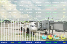 Stock Financial Investment Show Successful Investment Data On Aircraft Transportation Business And Tourism Industry With Graph And Chart On Airline Docking Bridge Tunnel At Airport Background.
