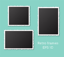 Set Of Empty Retro Frames With Shadows Isolated On Blue Background. Vintage Torn Paper Empty Snapshot Photography Template. Vector Illustration.