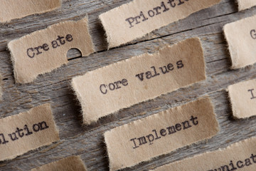 CORE VALUE word on a piece of paper close up, business creative motivation concept