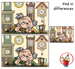 Wall Mural - Watchmaker repairing broken old watch. Find 10 differences. Educational matching game for children. Cartoon vector illustration