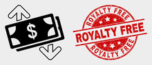 Vector Banknotes Exchange Arrows Pictogram And Royalty Free Seal Stamp. Red Rounded Grunge Seal Stamp With Royalty Free Caption. Vector Combination For Banknotes Exchange Arrows In Flat Style.