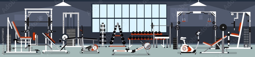 Gym interior concept. Fitness center design in flat style with power ...