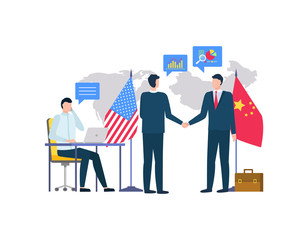 Wall Mural - People from us and china representatives vector, men shaking hands, bosses with flags of country. Person sitting by table typing info on laptop flat style. Business betwen USA and China