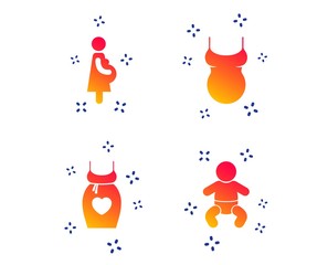 Wall Mural - Maternity icons. Baby infant, pregnancy and shirt signs. Dress with heart symbol. Random dynamic shapes. Gradient pregnancy icon. Vector