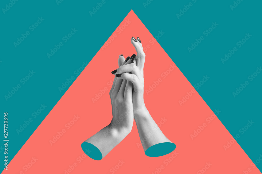 Modern conceptual art poster with a hands in a massurrealism style. Contemporary art collage. - obrazy, fototapety, plakaty 