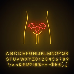 Poster - Ill women reproductive system neon light icon. Infertility. Sore human organ. Uterus disease. Women health. Glowing sign with alphabet, numbers and symbols. Vector isolated illustration