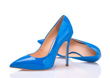 Women's Shoes With Heels. Shoes Isolate On A White Background. Pair Of Blue Stilettos. High-heeled Shoes.