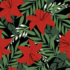 Trend seamless pattern with colorful tropical leaves and flowers on black background. Vector design. Jungle print. Floral background. Printing and textiles. Exotic tropics. Fresh design.