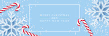 Merry Christmas, Happy New Year Banner, Poster Background. Vector 3d Realistic Illustration Of Snowflakes, Striped Candy