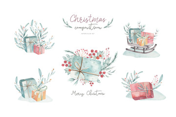 Merry Christmas watercolor set with floral elements. Happy New Year gift boxes, snowflakes, berries and christmas tree. Winter flowers, gift slad and branch bouquets decoration.