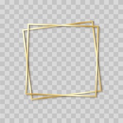 Paper cut gold frame with realistic shadow. Two golden inclined square frames lie one on another. Vector card illustration with place for selling advertising text. 3d banner on transparent background.