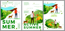 Vector Summer Hiking Travel Posters Set - Man And Woman Outdoors. Forests, Trees And Hills On Background. Print Template With Place For Your Text.