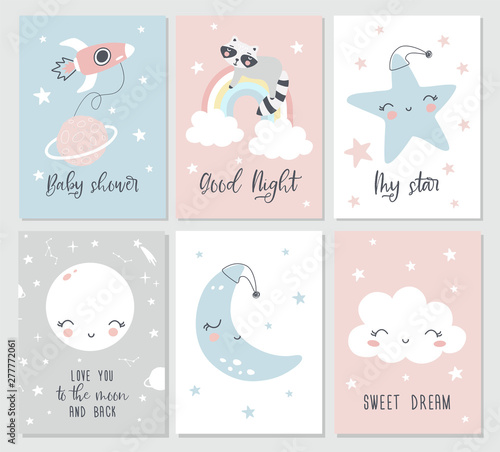 Fotografía Set cute cards with moon, clouds, racoonns, stars and phrases