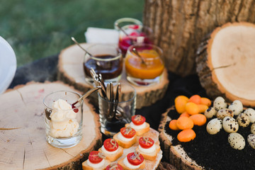 Wall Mural - Catering banquet table at reception. Restaurant presentation, european cuisine, food consumption, party concept. Food styling, appetizers bar, welcome drink, event design.