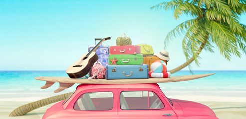 Wall Mural - Red Car with luggage ready for summer vacation 3D Render 3D illustration