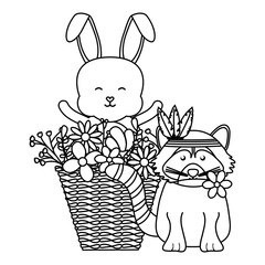 Poster - cute raccoon and rabbit in basket bohemian style