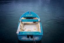 Small Blue Wooden Rowing Fisherman Boat