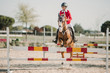 © Sonia Almudevar/ADDICTIVE STOCK - Teenage jockey on horse leaping over horizontal wooden bars while riding on racetrack