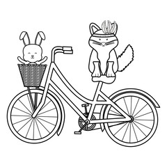 Poster - cute fox and rabbit with feathers hat in bicycle bohemian style