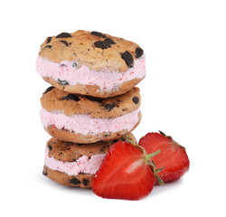 Sweet delicious ice cream cookie sandwiches and strawberry on white background