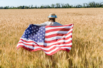 Canvas Print - back view of kid in straw hat holding american flag in golden field