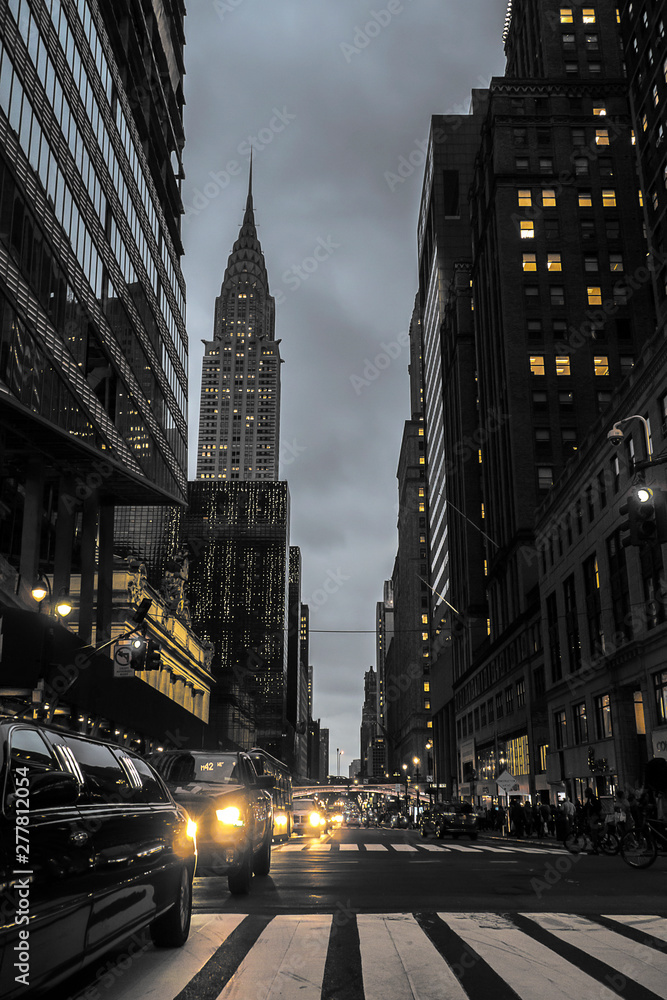 New York City Street At Night With Empire State Building Urban Scene ...