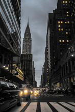 New York City Street At Night With Empire State Building Urban Scene
