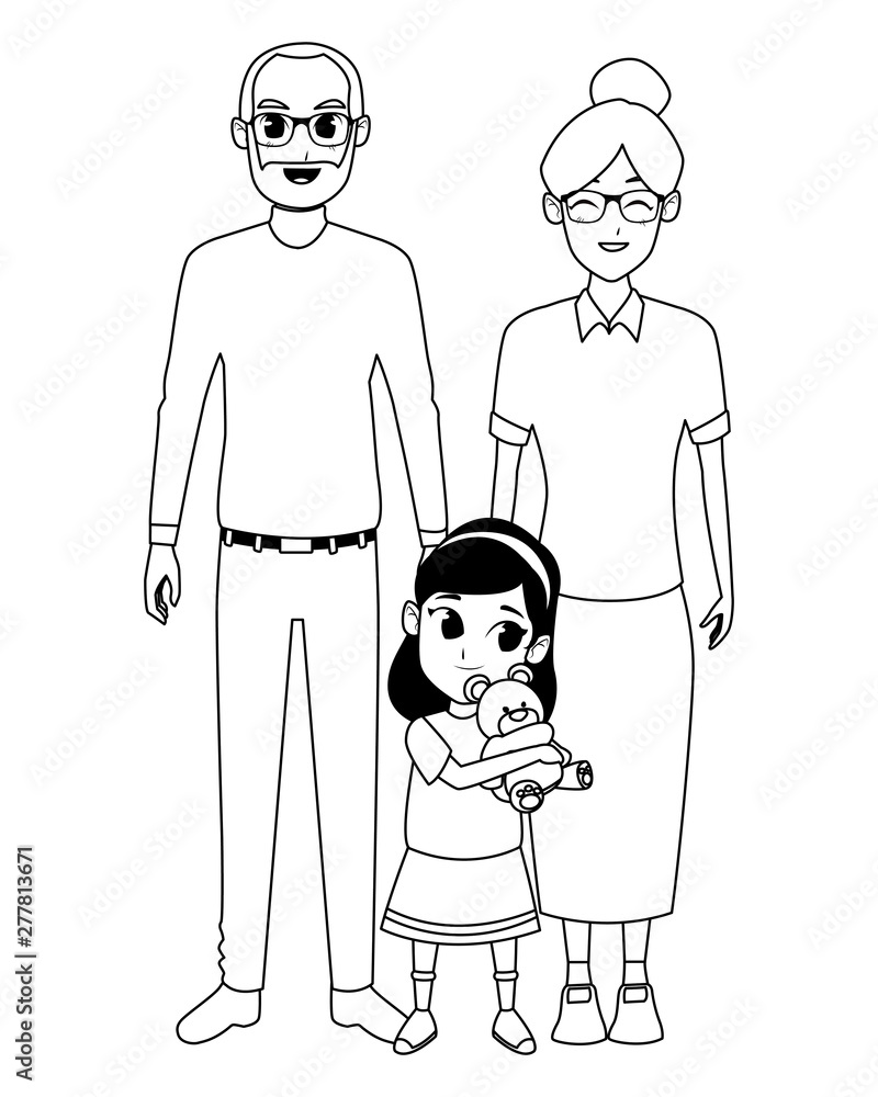 Family grandparents and grandchildren cartoons in black and white Stock  Vector | Adobe Stock, image size:800x1000