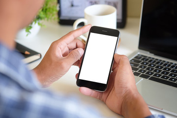 Wall Mural - cropped shot view of man hands holding smart phone with blank copy space screen for your text messag