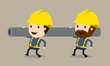 © anypix - Two porter carrying the heavy pipe, Vector illustration, Safety and accident, Industrial safety cartoon