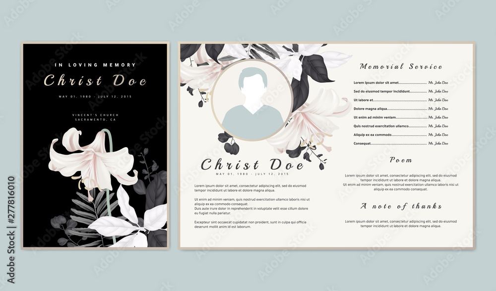 Botanical memorial and funeral invitation card template design, white lilies with black and white leaves on black background - obrazy, fototapety, plakaty 