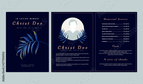 Cuadros en Lienzo Botanical memorial and funeral invitation card template design, dark blue backgr
