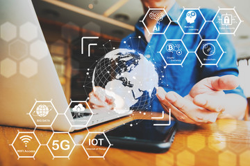 5G technology diagram of AI, machine learning, cyber security, crypto currency, blockchain, big data, cloud computing, wireless internet access, internet ot things