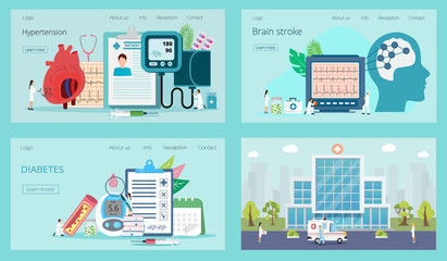 Landing pages with blood glucose testing meter, hypotension and hypertension, brain stroke. Type 2 diabetes and insulin production concept vector.