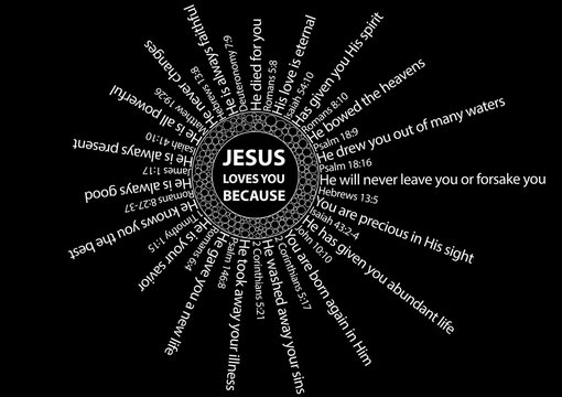 Christian background with multiple reasons why Jesus loves you, with bible verses, on black background