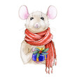 Christmas watercolor hand painted illustration of a nice mouse in a cozy winter red warm scarf. A chinese new year symbol of 2020. 
