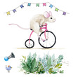 Watercolor hand drawn set with illustration of a funny mouse riding a bicycle under the flags and some party elements.