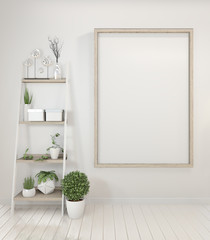 Interior poster mock up with wooden frame standing on wood floor and decoration plants.3D rendering