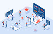 Industrial or Expo center with people looking at exibition stands in gallery hall and communicating with staff 3D isometric vector.