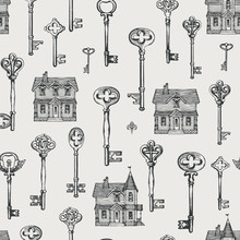 Vector Seamless Pattern With Vintage Keys And Old Houses In Retro Style. Abstract Background With Black And White Hand Drawn Illustrations. Wallpaper, Wrapping Paper, Fabric, Coloring Book