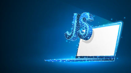 Java Script coding language sign on white notebook screen. Device, programming, developing concept. Abstract, digital, wireframe, low poly mesh, vector blue neon 3d illustration. Line dot