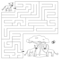 Wall Mural - Coloring page for children. Educational maze game. Help the lion cub find right way to his family, mother and father. Vector cartoon characters.