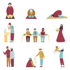 Sticker - Muslim People in Traditional Clothing Celebrating Eid Al Adha Islamic Holiday Set, Men Praying, Eating, Greeting Each Other, Giving Money to Homeless Vector Illustration