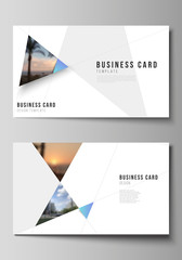 Wall Mural - The minimalistic abstract vector layout of two creative business cards design templates. Creative modern background with blue triangles and triangular shapes. Simple design decoration.