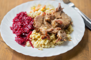 Wall Mural - Pork shoulder with mashed potatoes and beetroots