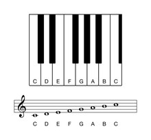 C Major Scale, Octave On Keyboard And Staff. One Octave, Shown On Keyboard Keys And On A Five-line Staff With Treble Clef And Whole Notes. Common Key Signature In Western Music. Illustration. Vector.