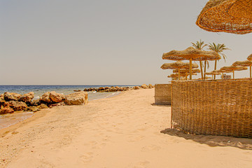 Wall Mural - View of Egyptian Red sea coastline, beach and resort with cane umbrellas (canopies)