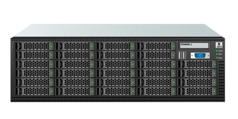 Carrier-class server size 3u with twenty-eight 2.5-inch hard drives for mounting in a 19-inch rack. Vector illustration.